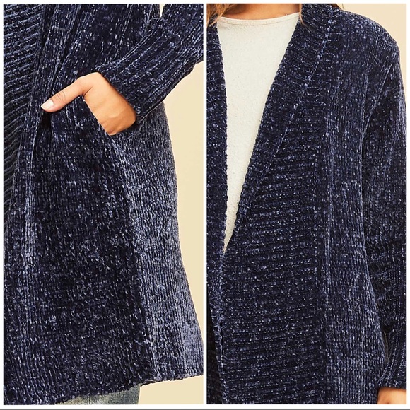Softest Chenille long cardigan in Navy - Picture 3 of 5